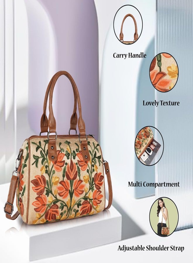 EVEDA Women Floral Embroidered Shoulder Bag, Vintage Style Handbag with Leather Handles,Sling Strap with Botanical Design (Beige) - Image 2